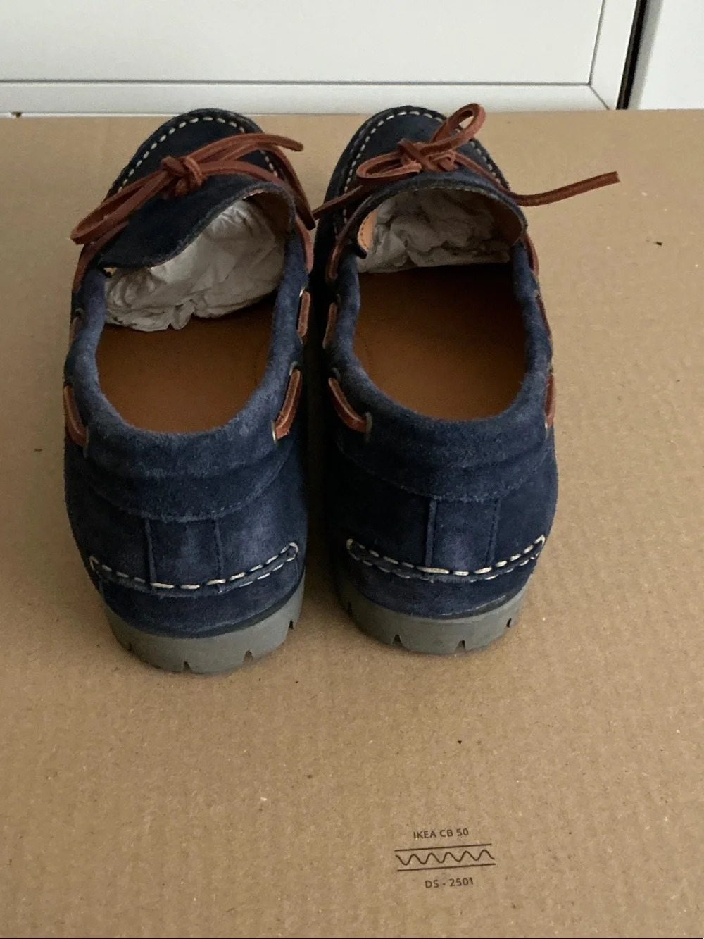 J. Crew Navy Suede Driving Loafers with Brown Lace Trim Men's size 8.5